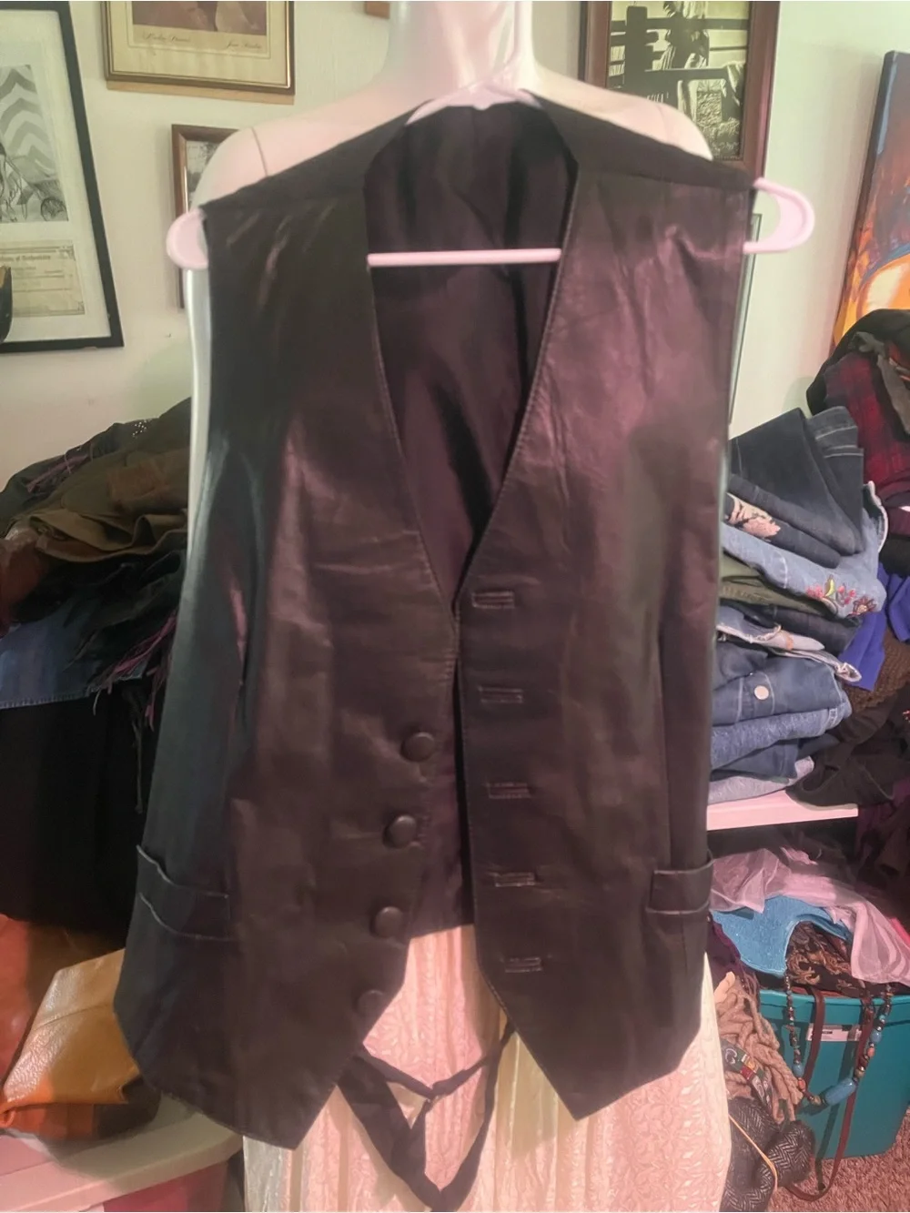 Classic Black Leather Button Vest